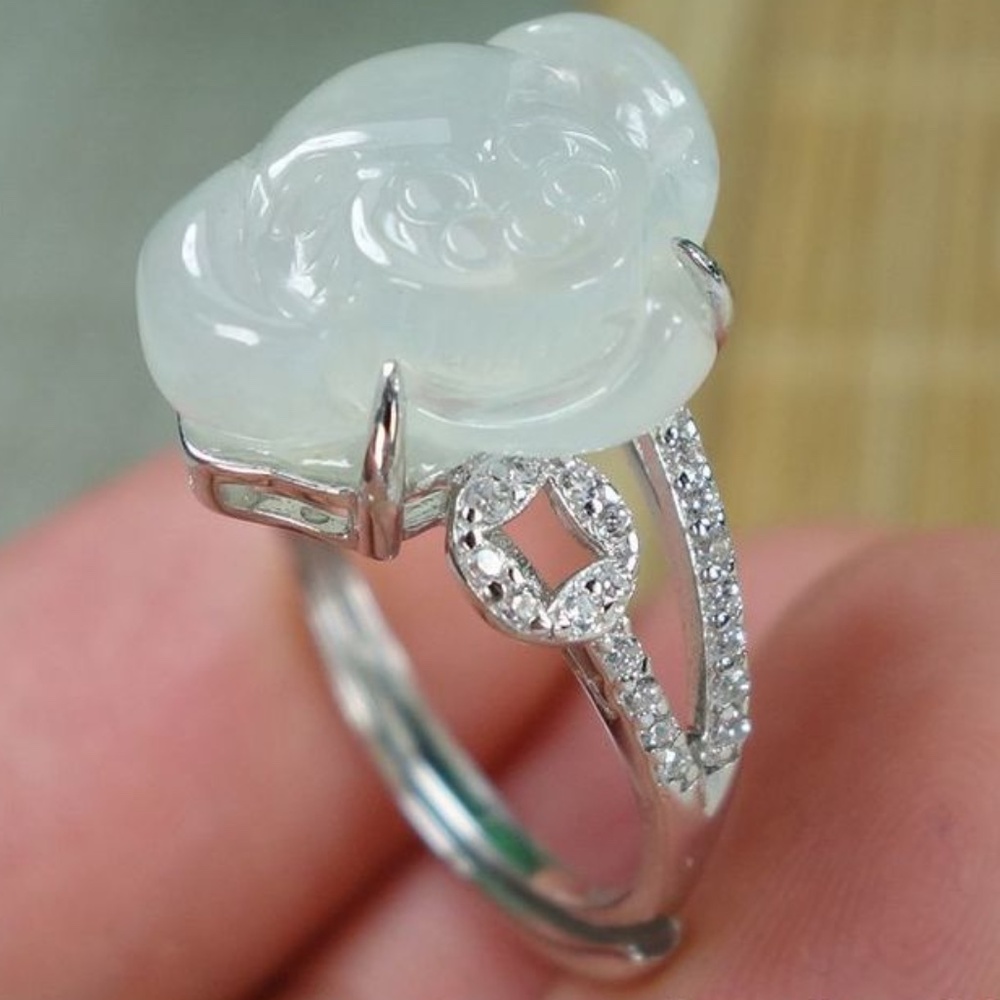 Certified Icy White Natural A jadeite jade Lotus Ring 925 Silver戒指(Free Size)